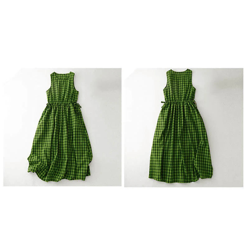 Buddha Stones Sleeveless Plaid Summer Midi Dress With Pockets