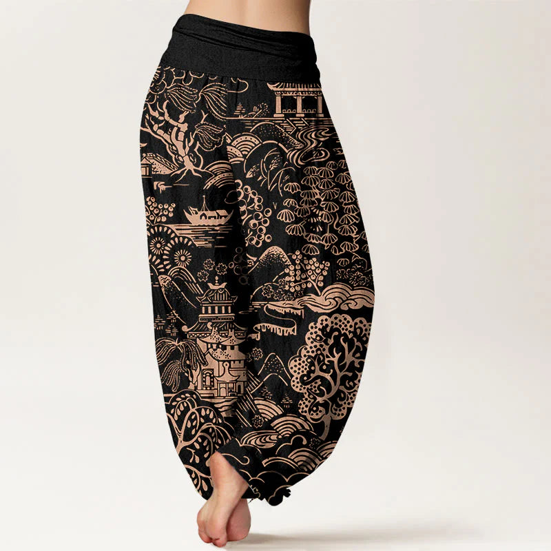 Buddha Stones Cotton Exquisite Tree Building Cloud Pattern Women's Elastic Waist Harem Pants