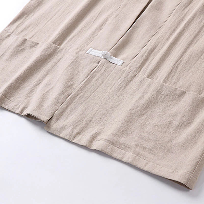 Buddha Stones Long Sleeve Buttons Design Men's Open Front Cotton Linen Jacket Kimono With Pockets
