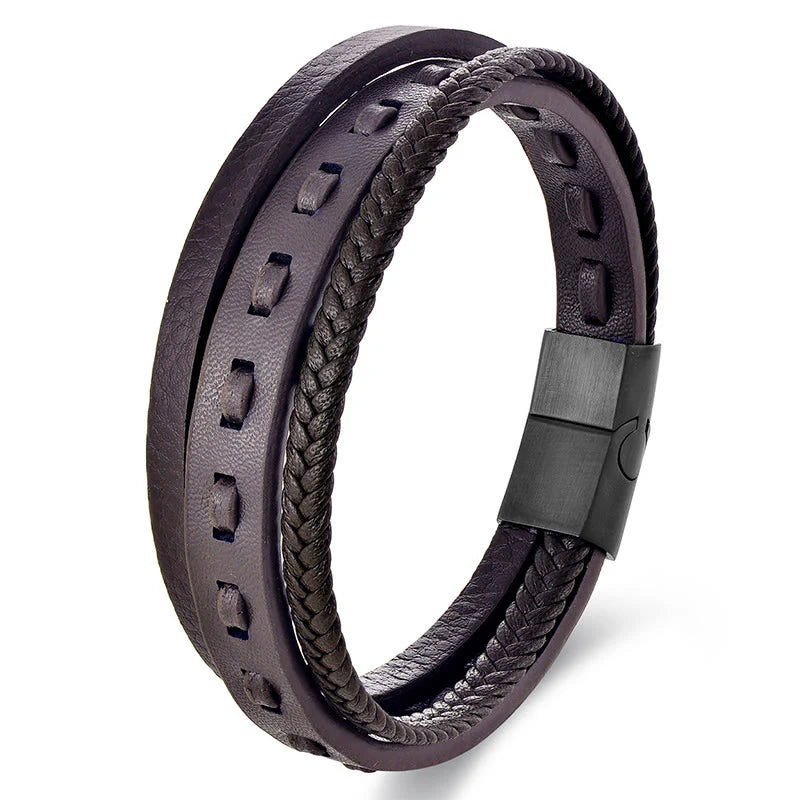Buddha Stones Titanium Steel Buckle Multilayered Braided Leather Calm Bracelet