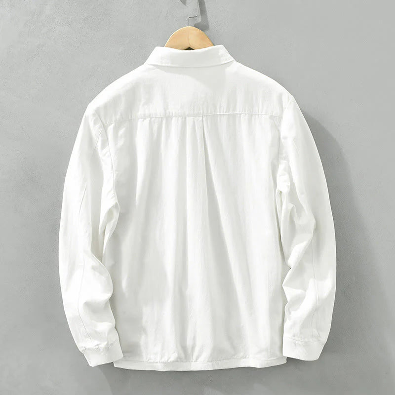 Buddha Stones Simple Solid Color Buttons Down Men's Stand Collar Long Sleeve Cotton Shirt