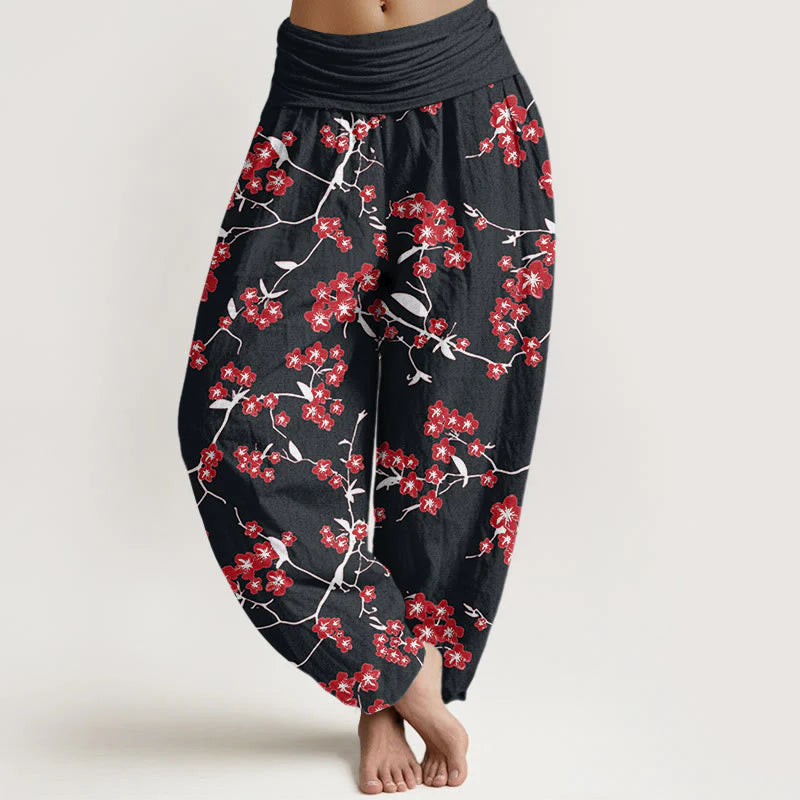 Buddha Stones Cotton Red Peach Blossom Pattern Women's Elastic Waist Harem Pants