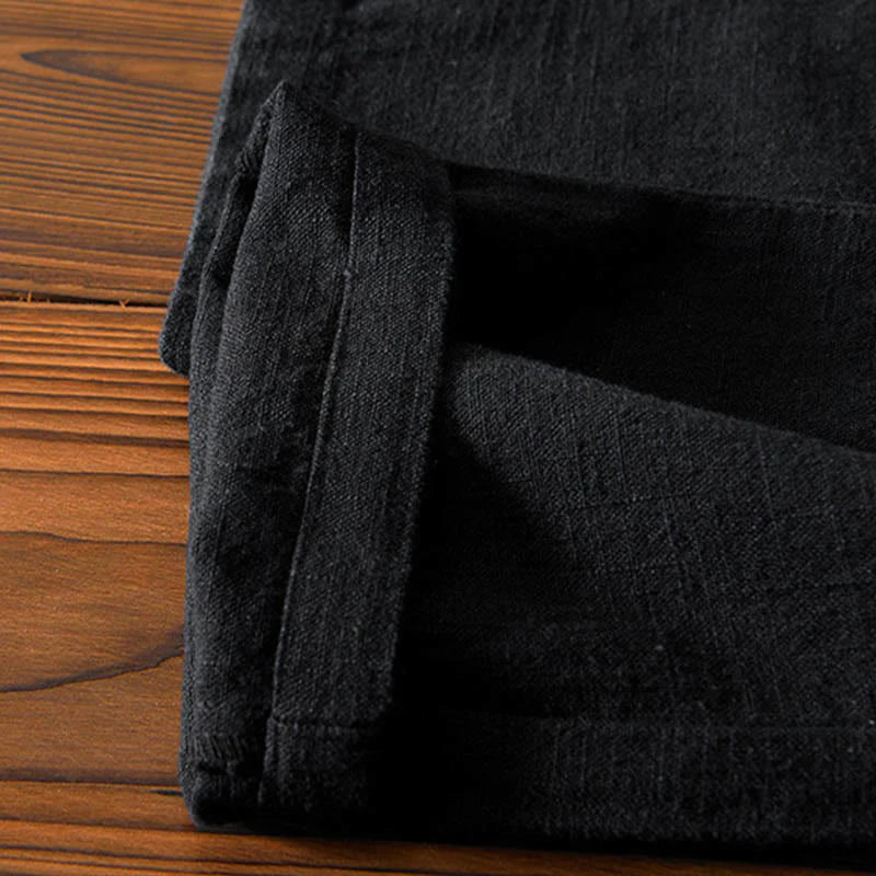 Buddha Stones Casual Solid Color Simple Design Drawstring Ramie Linen Men's Pants With Pockets