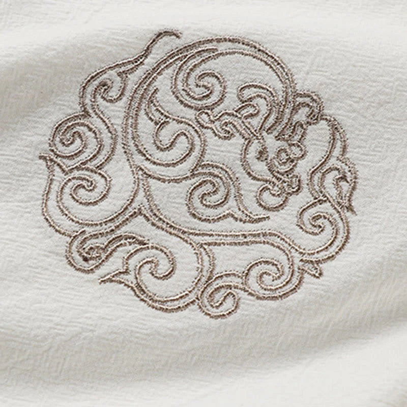 Buddha Stones Summer Frog-Button Auspicious Clouds Embroidery Design Short Sleeve Cotton Linen Men's Shirt