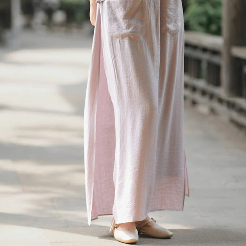 Buddha Stones Solid Color Hem Slit Design Women's Skirt Pants With Pockets