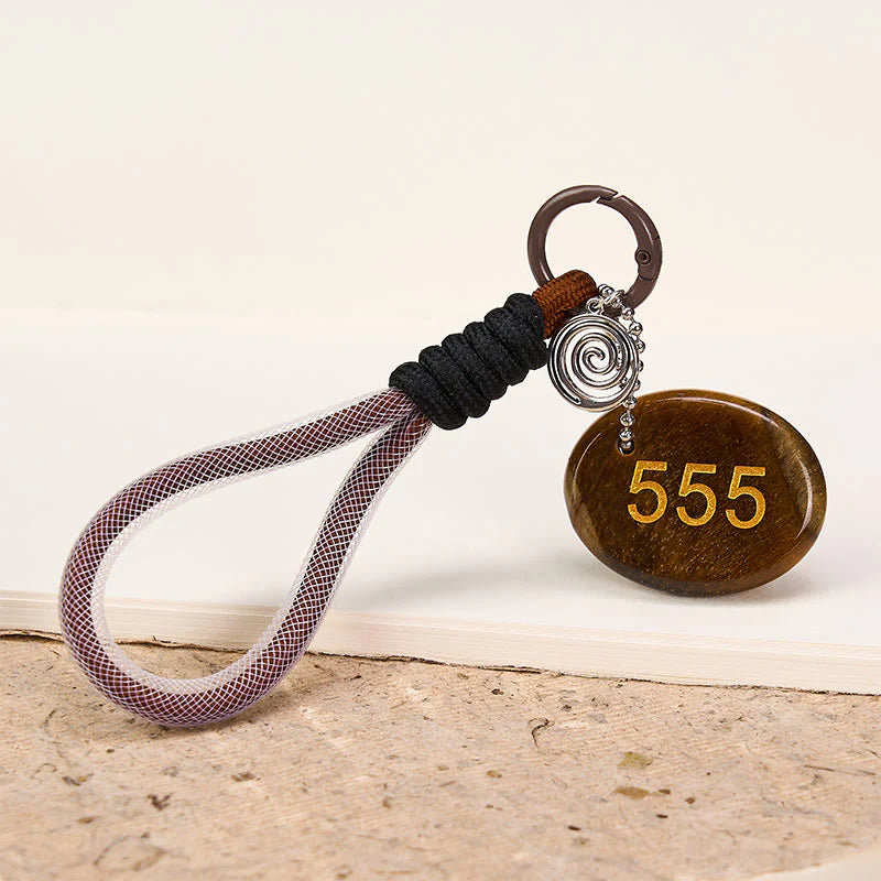 Buddha Stones Wishing Positive Change and Freedom 555 Angel Number Natural Tiger Eye Key Chain Hanging Decoration Includes Gift Message Card