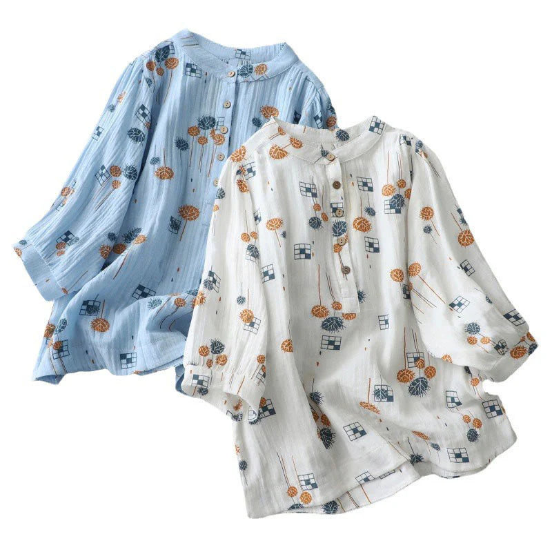 Buddha Stones Printed Half Button DesignThree Quarter Gathered Sleeve Women's Cotton Shirt