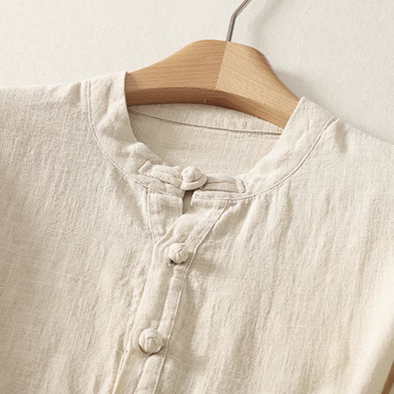 Buddha Stones Summer Stand Collar Buttons Cotton Women's Short Sleeve Shirt