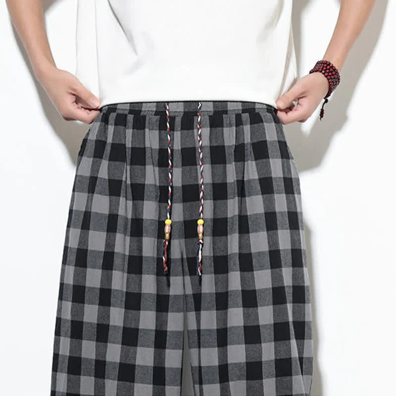Buddha Stones Summer Plaid Pattern High Waist Drawstring Men's Harem Pants With Pockets
