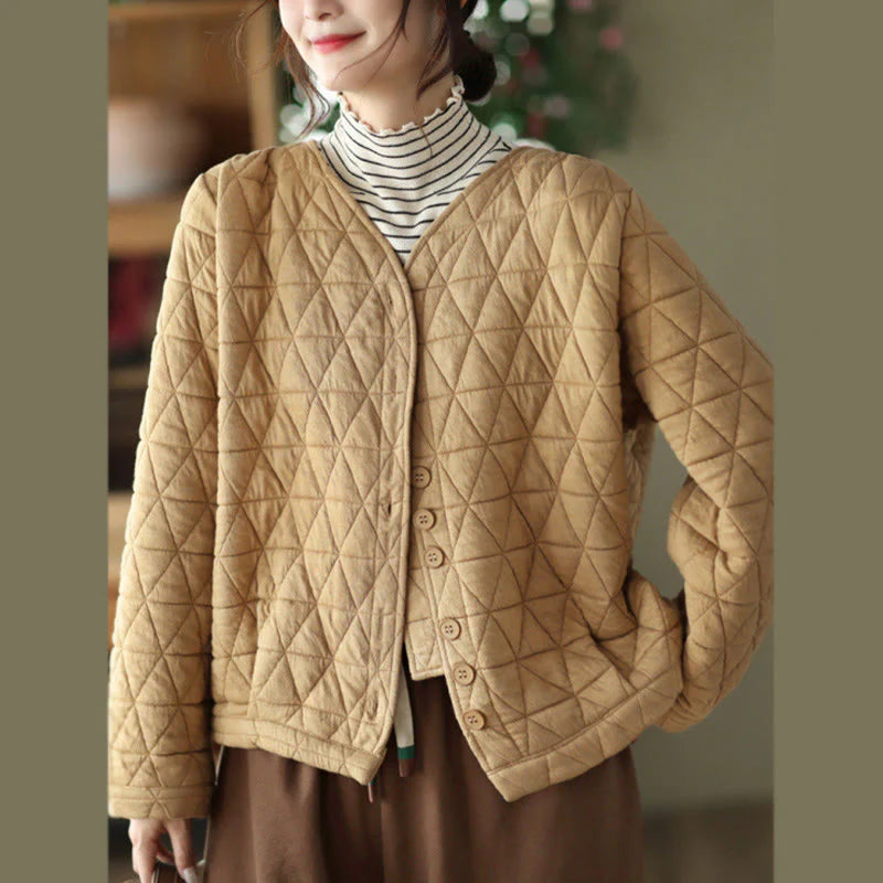 Buddha Stones Winter Cotton Long Sleeve Diamond Pattern Women's Thermal Jacket With Pockets