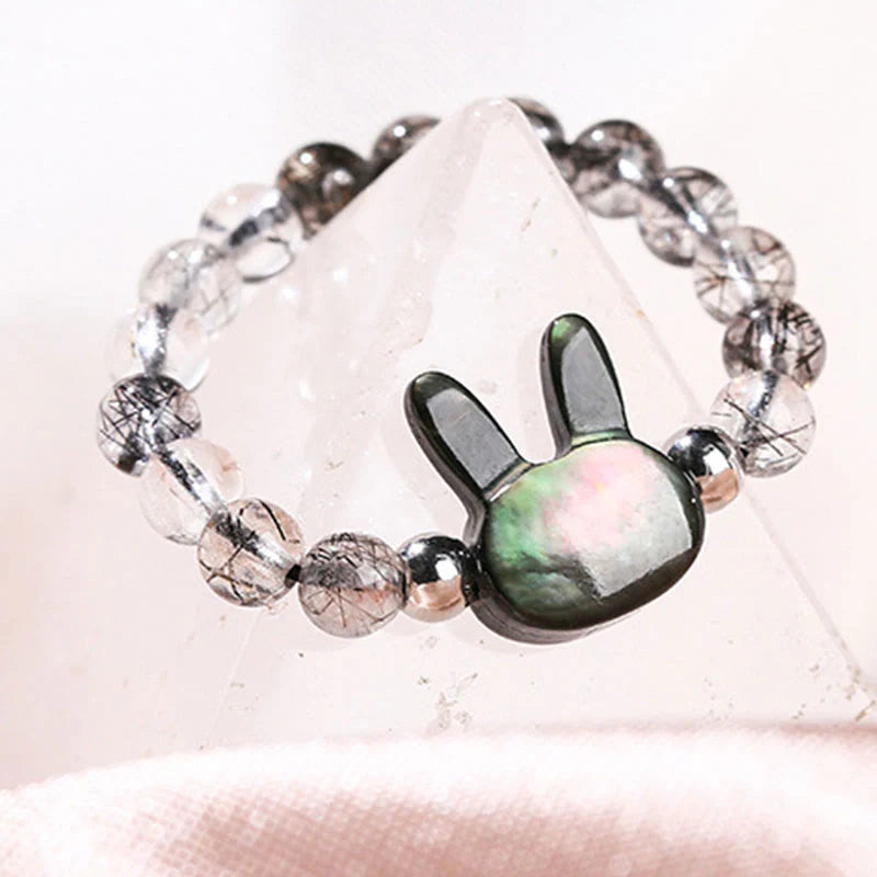 Buddha Stones 3mm Black Rutilated Quartz Tridacna Stone Rabbit Cat Ring