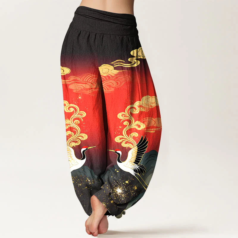 Buddha Stones Pure Cotton Colorful Crane Cloud Mountain Pattern Women's Elastic Waist Harem Pants