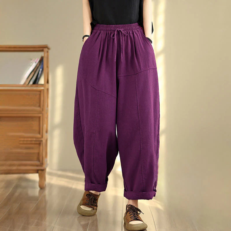 Buddha Stones Women's Fall Plain Color Drawstring Cotton Linen 7-8 Length Pants With Pockets