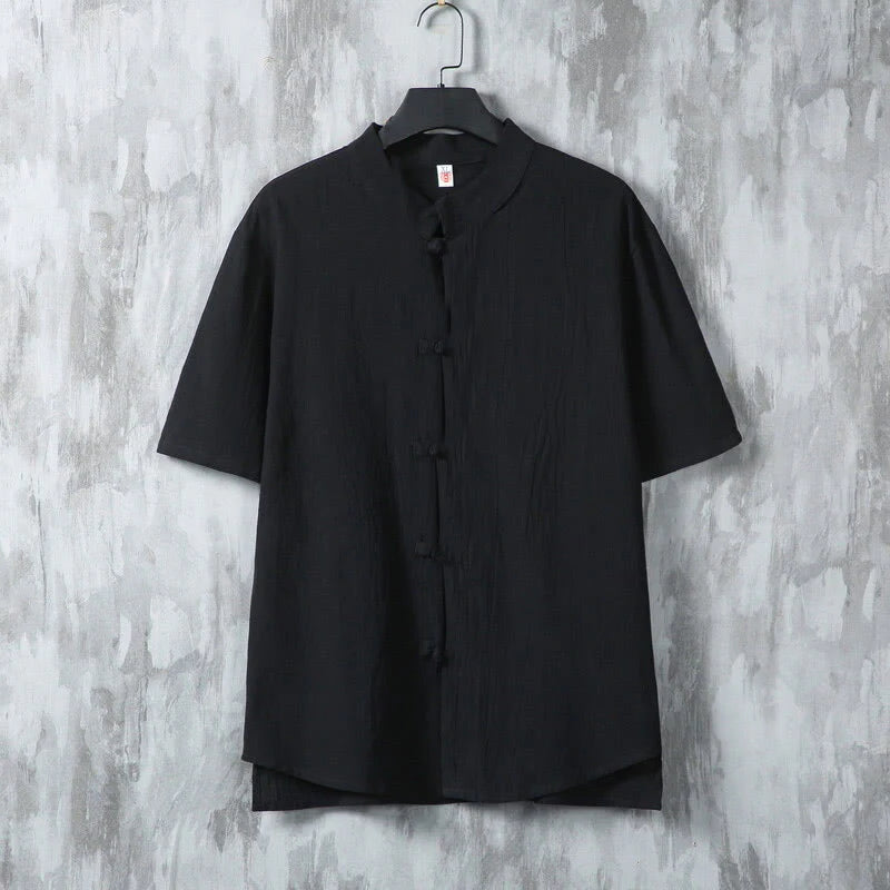 Buddha Stones Summer Plain Tang Suit Frog-Button Design Men's Short Sleeve Cotton Shirt