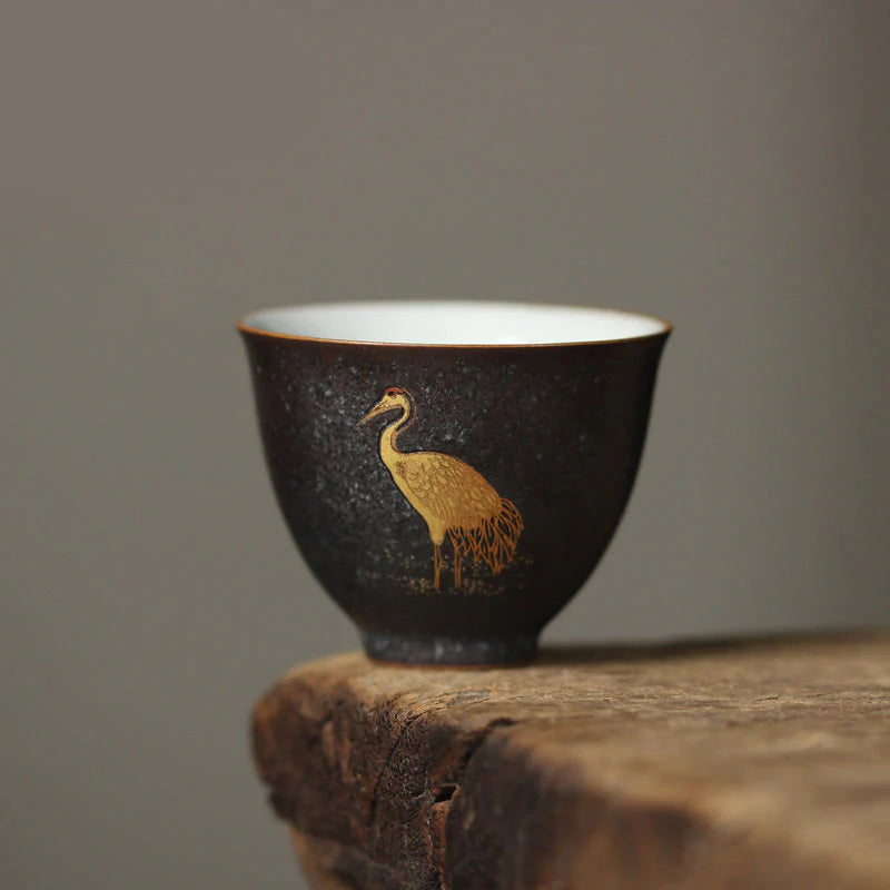 Buddha Stones Small Hand-painted Golden Crane Ceramic Teacup Kung Fu Tea Cup 40ml