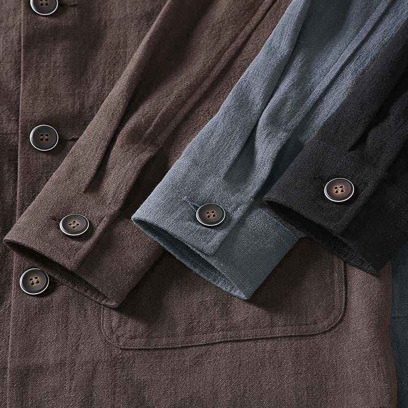 Buddha Stones Commute Plain Long Sleeve Button Lapel  Design Men's Ramie Linen Jacket With Pockets