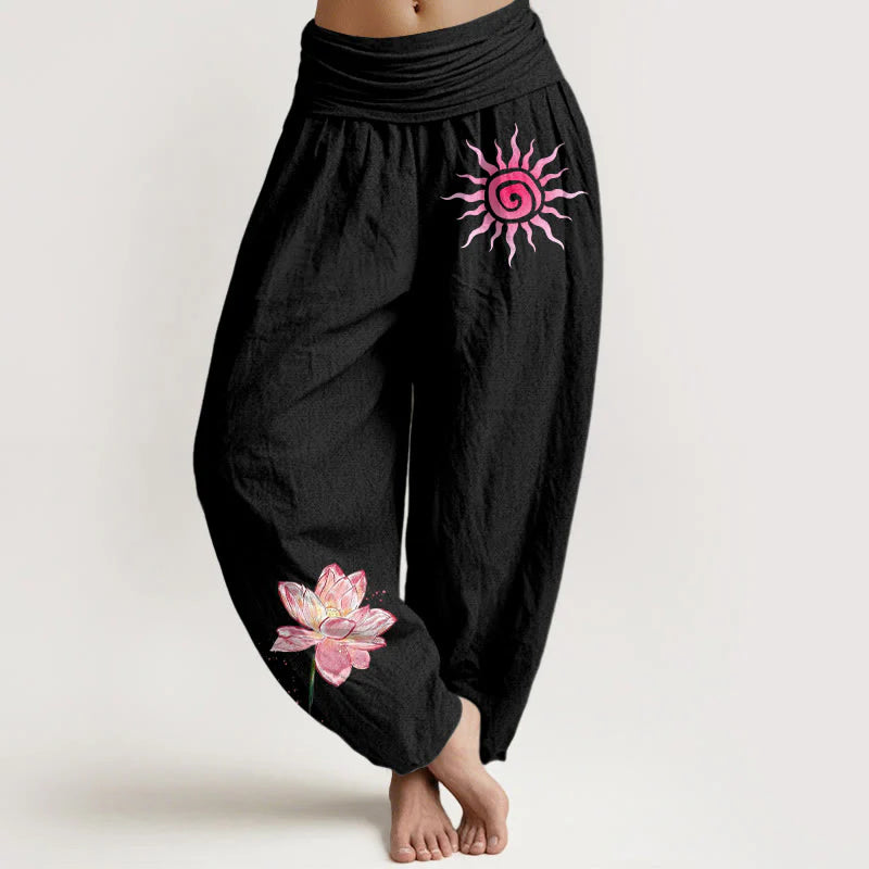 Buddha Stones Cotton Lotus Flower Sun Pattern Women's Elastic Waist Harem Pants