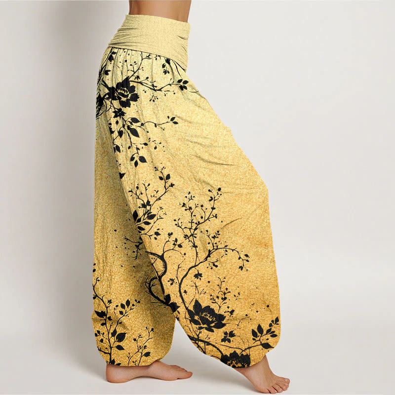 Buddha Stones Cotton Casual Dragon Flower Leaf Pattern Women's Elastic Waist Harem Pants