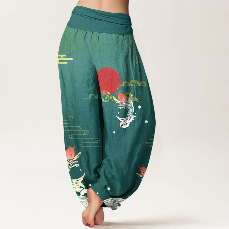 Buddha Stones Koi Fish Red Sun Waves Clouds Pattern Women's Elastic Waist Harem Pure Cotton Pants