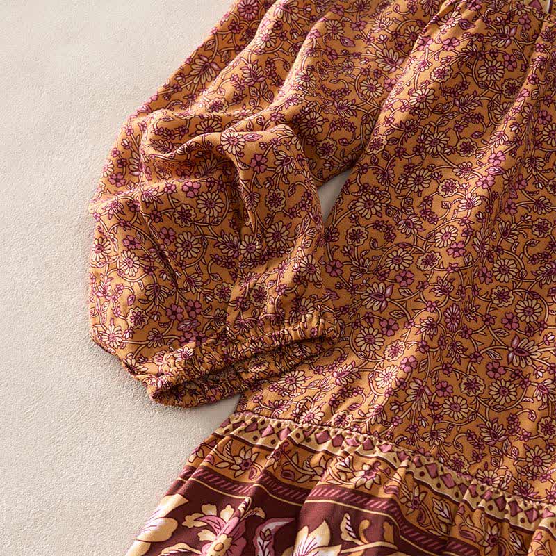 Buddha Stones Fall Boho Floral Paisley Cotton Bracelet Sleeve Women's Mini Dress with Puff Sleeves and Tie Neck