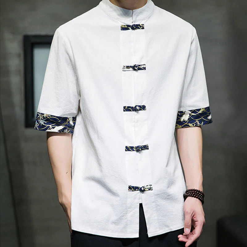 Buddha Stones Solid Color Frog-Button Stand Collar Men's Short Sleeve White Crane Cotton Shirt