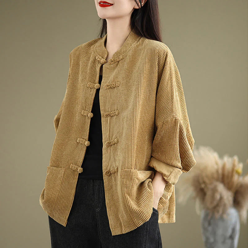 Buddha Stones Frog-button Stand Collar Women's Corduroy Jacket