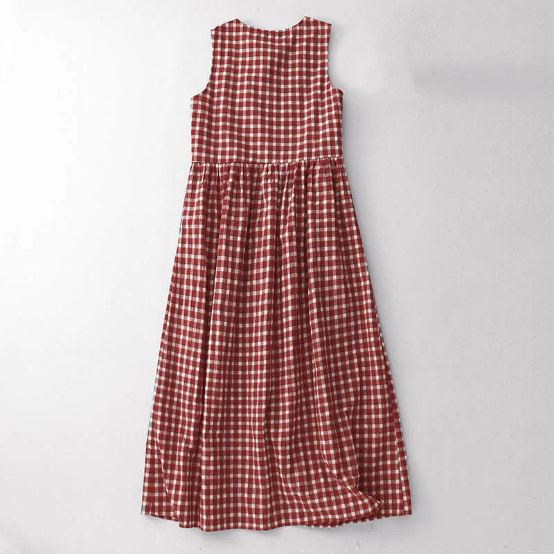 Buddha Stones Plaid Sleeveless Summer Midi Dress With Pockets