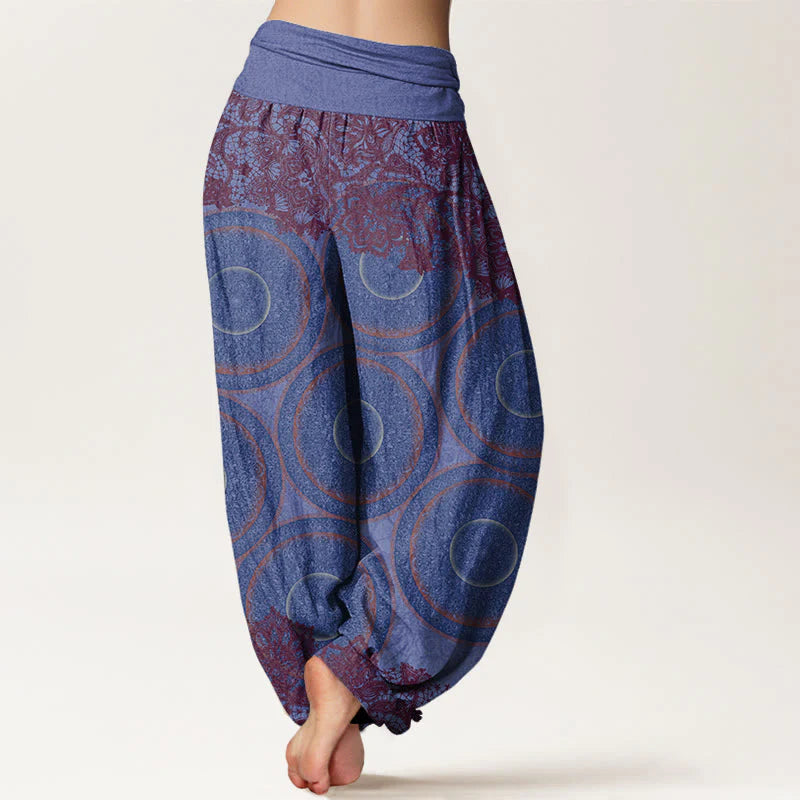 Buddha Stones Cotton Casual Flowers Compass Design Women's Elastic Waist Harem Pants