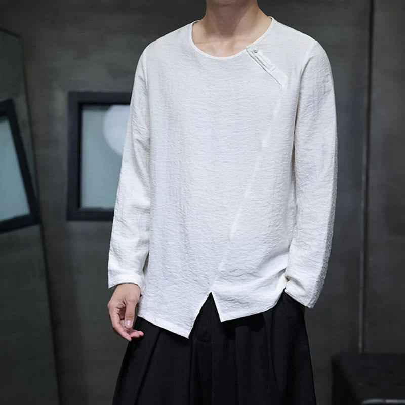 Buddha Stones Solid Color Loose Long Sleeve Round Neck Men's Shirts