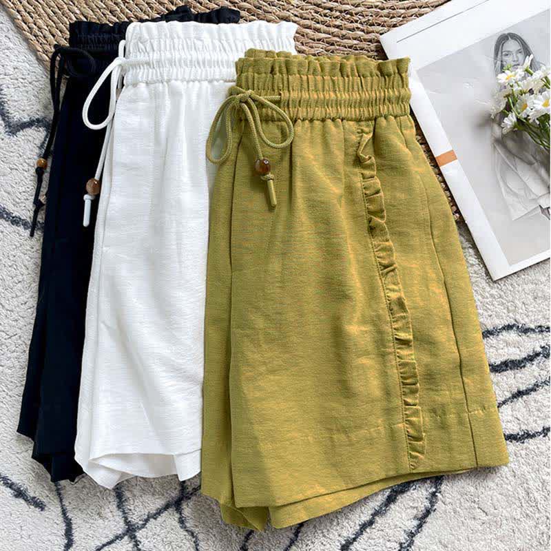 Buddha Stones Summer Drawstring Ruffle Elastic Waist Women's Shorts With Pockets
