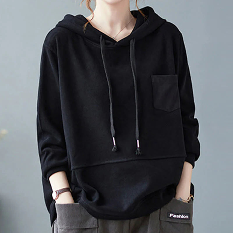 Buddha Stones Fall Solid Color Decorative Pocket Cotton Long Sleeve Women's Hoodie