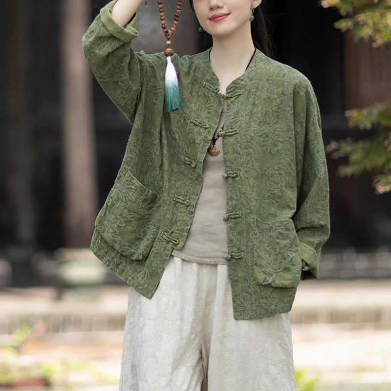 Buddha Stones Fall Jacquard Women's Frog-Button Long Sleeve Shirt Pants Cotton Linen Clothing