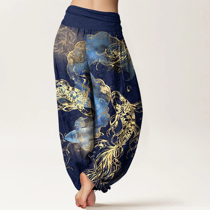 Buddha Stones Pure Cotton Lively Koi Fish Pattern Women's Elastic Waist Harem Pants