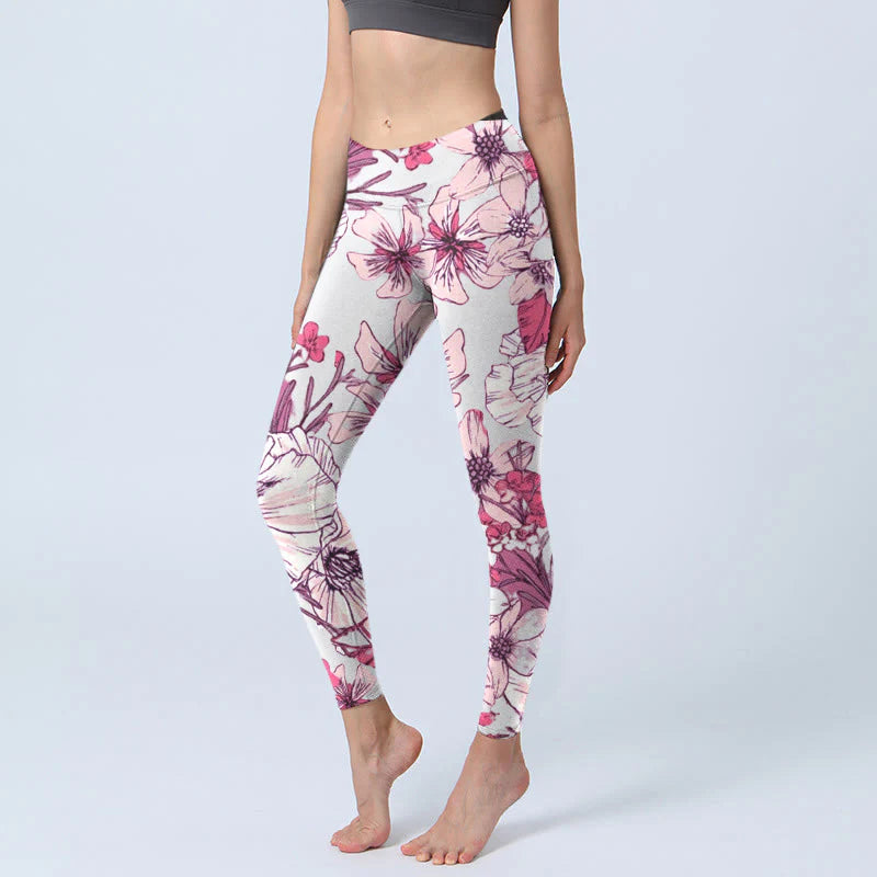 Buddha Stones Pink Rose Red Flowers Print Exercise Leggings Women's Yoga Pants