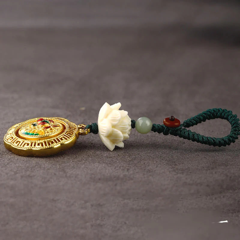 Buddha Stones Bodhi Seed Lotus Hetian Jade Bead Copper Rotatable Peace Key Chain