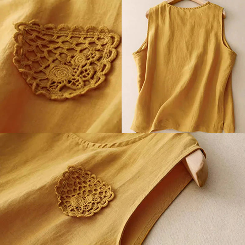 Buddha Stones Casual Pure Color Embroidery Patchwork Design Sleeveless Crew Neck Women's Cotton Linen Vest
