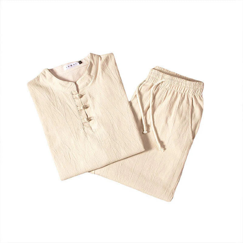 Buddha Stones Pure Color Long Sleeve Top Pants Clothing Men's Set