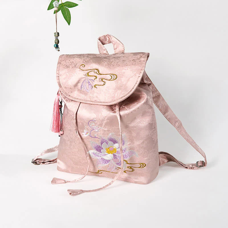 Buddha Stones Handmade Pink Lotus Embroidered Large Capacity Polyester Cotton Backpack