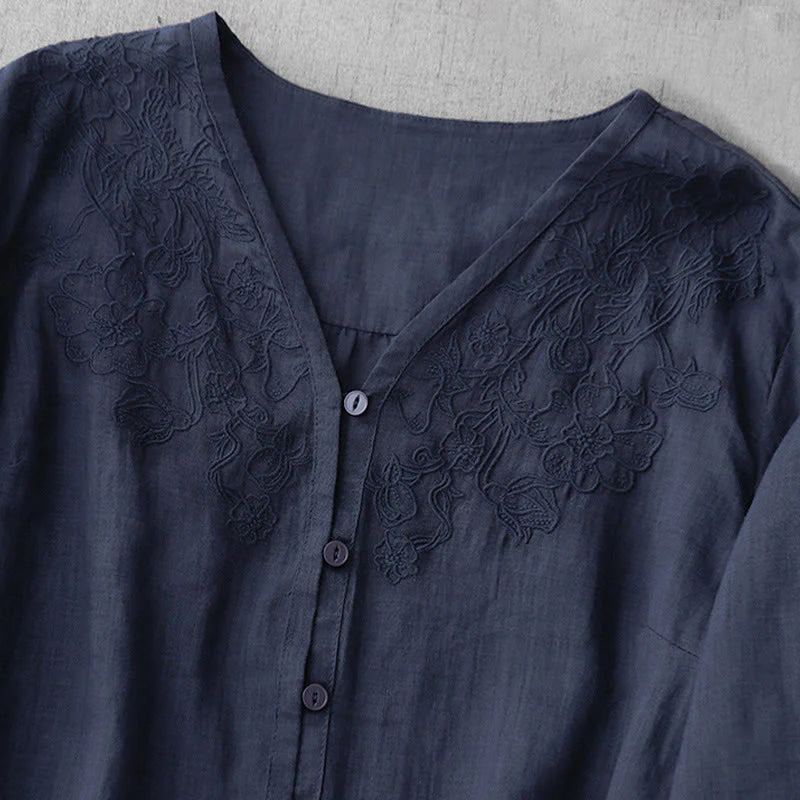 Buddha Stones Artistic Pure Color Embroidered Front Button Design Women's Cotton Half Sleeve Shirt Cardigan