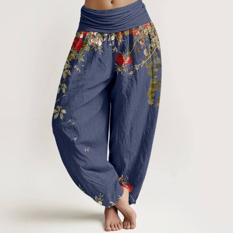 Buddha Stones Pure Cotton Colourful Flower Leaves Patterns Women's Elastic Waist Harem Pants