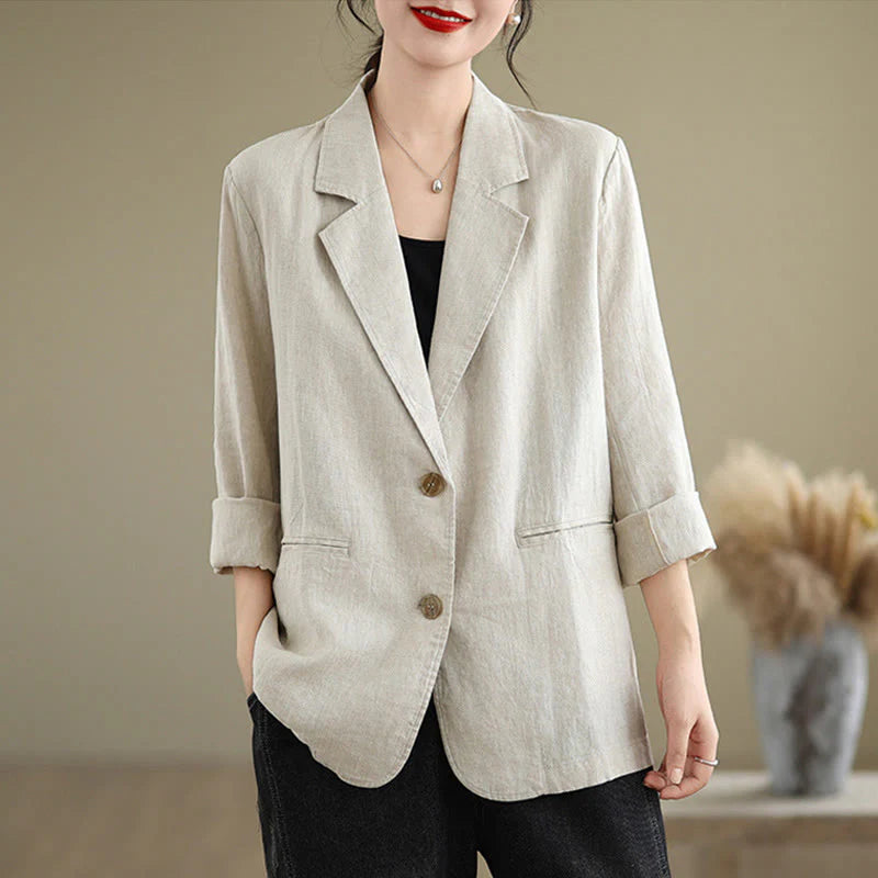 Buddha Stones Spring Solid Color Long Sleeve Cotton Linen Women's Jacket With Pockets