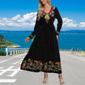 Buddha Stones Black Solid Color Loose Ethnic Embroidery Floral Pattern Cotton Maxi Dress