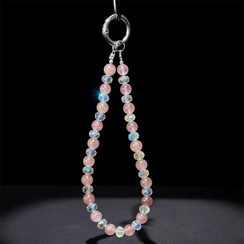 Buddha Stones Natural Strawberry Quartz Beaded Healing Key Chain Phone Hanging Decoration