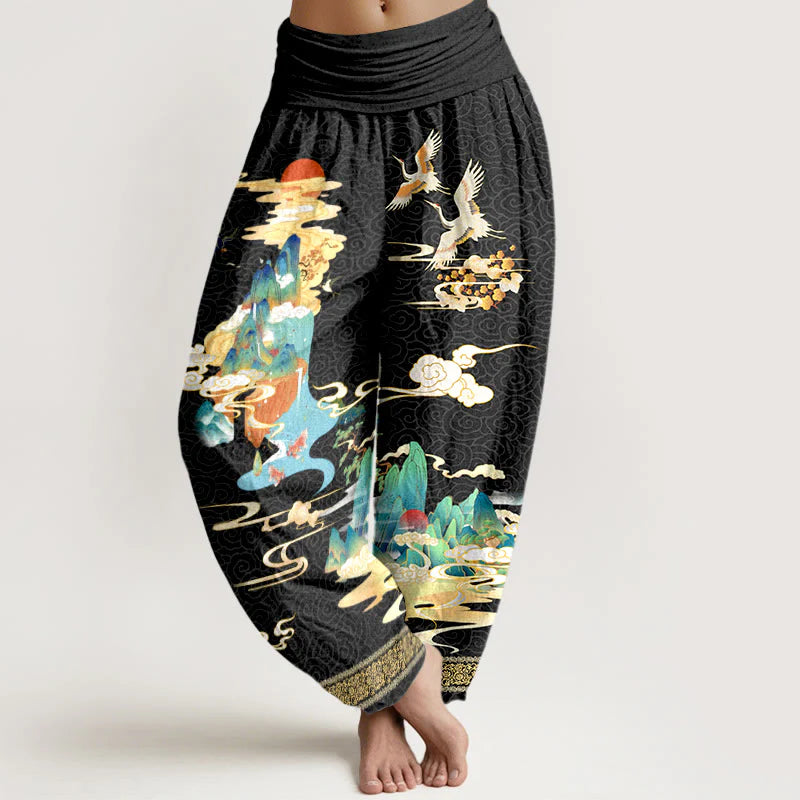 Buddha Stones Pure Cotton Landscape Cranes Clouds Pattern Women's Elastic Waist Harem Pants