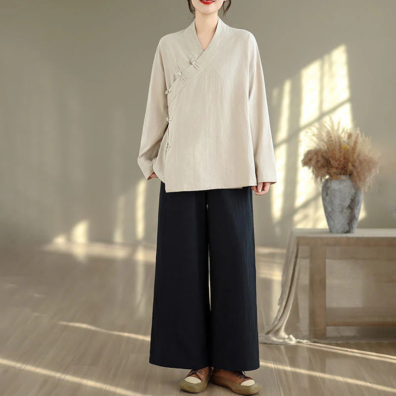 Buddha Stones 2Pcs V-Neck Long Sleeve Shirt Wide Leg Pants Zen Meditation Women's Set