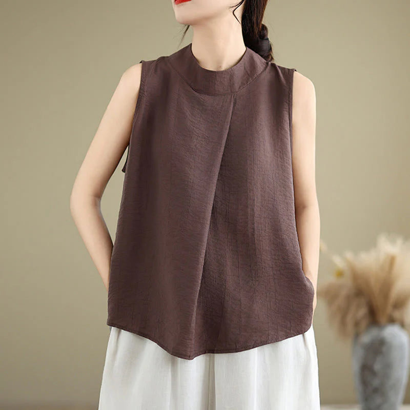 Buddha Stones Casual Plain Back Buttom Design Stand Collar Cotton Linen Women's Sleeveless Vest