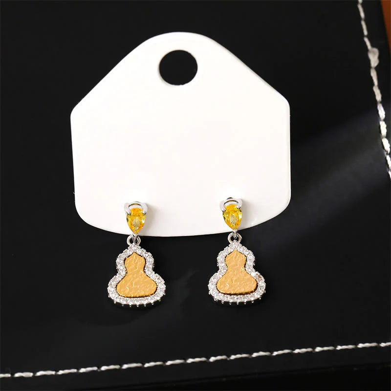 Buddha Stones Golden Gourd Zircon Copper Wealth Stud Earrings