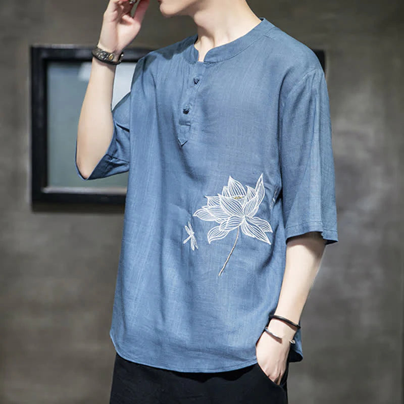 Buddha Stones Summer Embroidered Lotus Dragonfly Pattern Chinese Frog-Button Men's Short Sleeve T-shirt