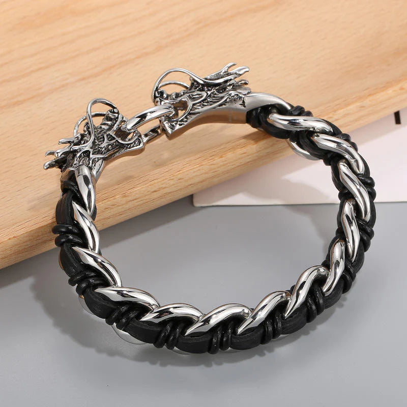 Buddha Stones Dragon Leather Titanium Steel Protection Luck Braided Bracelet