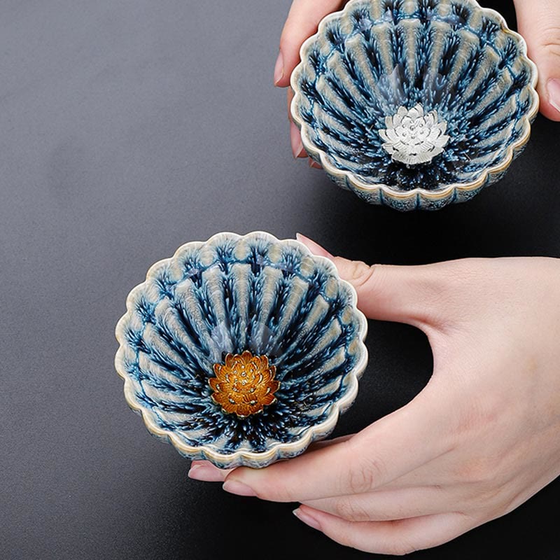 Buddha Stones Handmade Small Chinese Jianzhan Lotus Ceramic Teacup Kung Fu Tea Cup 80ml